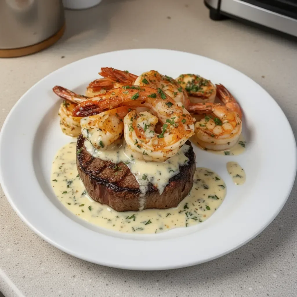Steak and Shrimp with Creamy Garlic Sauce