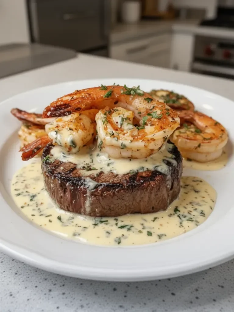 Steak and Shrimp with Creamy Garlic Sauce