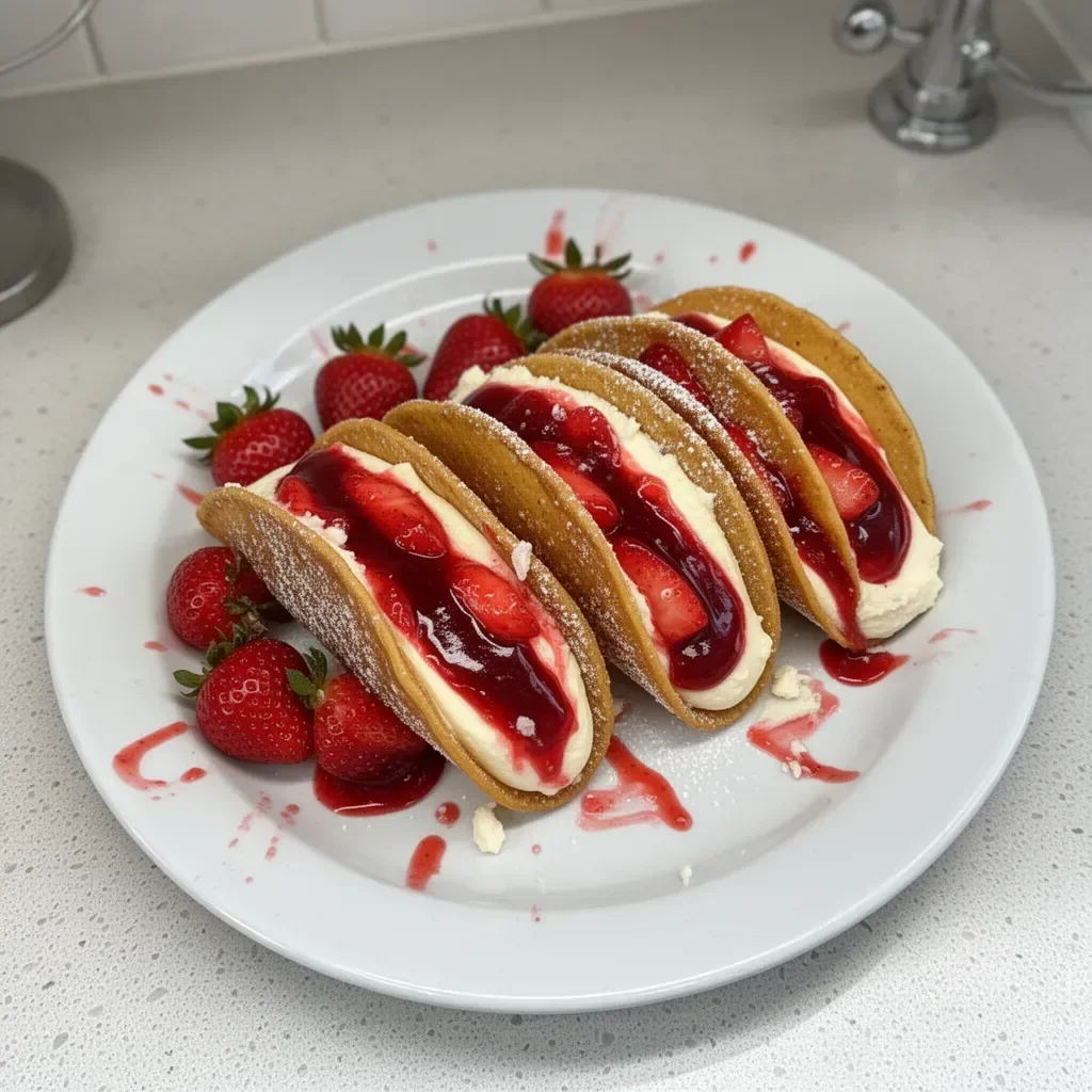Strawberry cheesecake dessert tacos topped with fresh strawberries and whipped cream