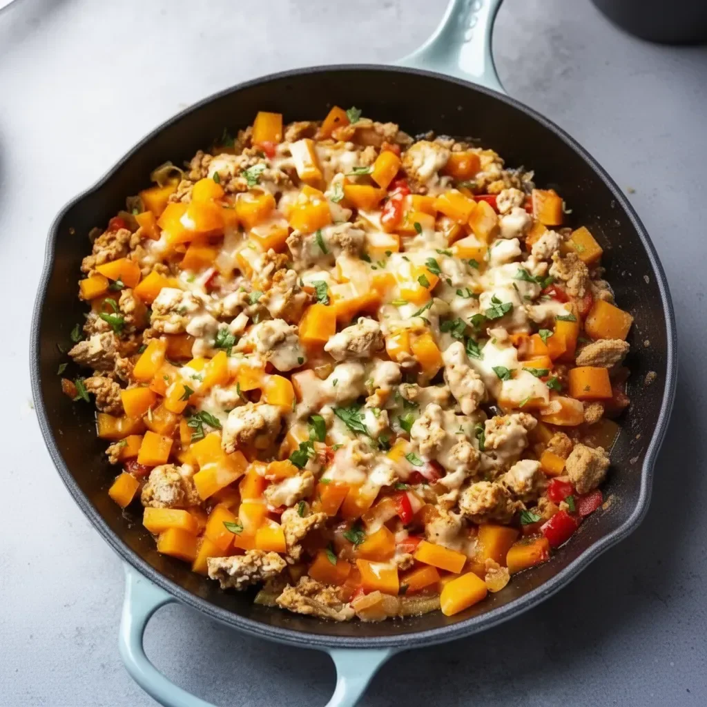 Delicious turkey and butternut squash skillet dish topped with fresh herbs
