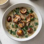 Warming Wild Mushroom, Caramelized Onion, and Kale Soup
