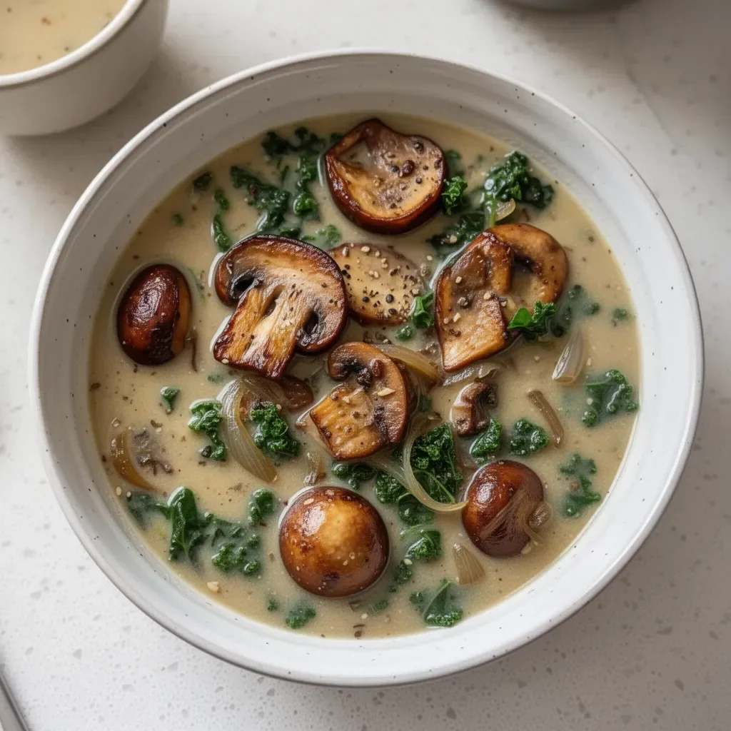Bowl of warming wild mushroom soup with caramelized onions and kale