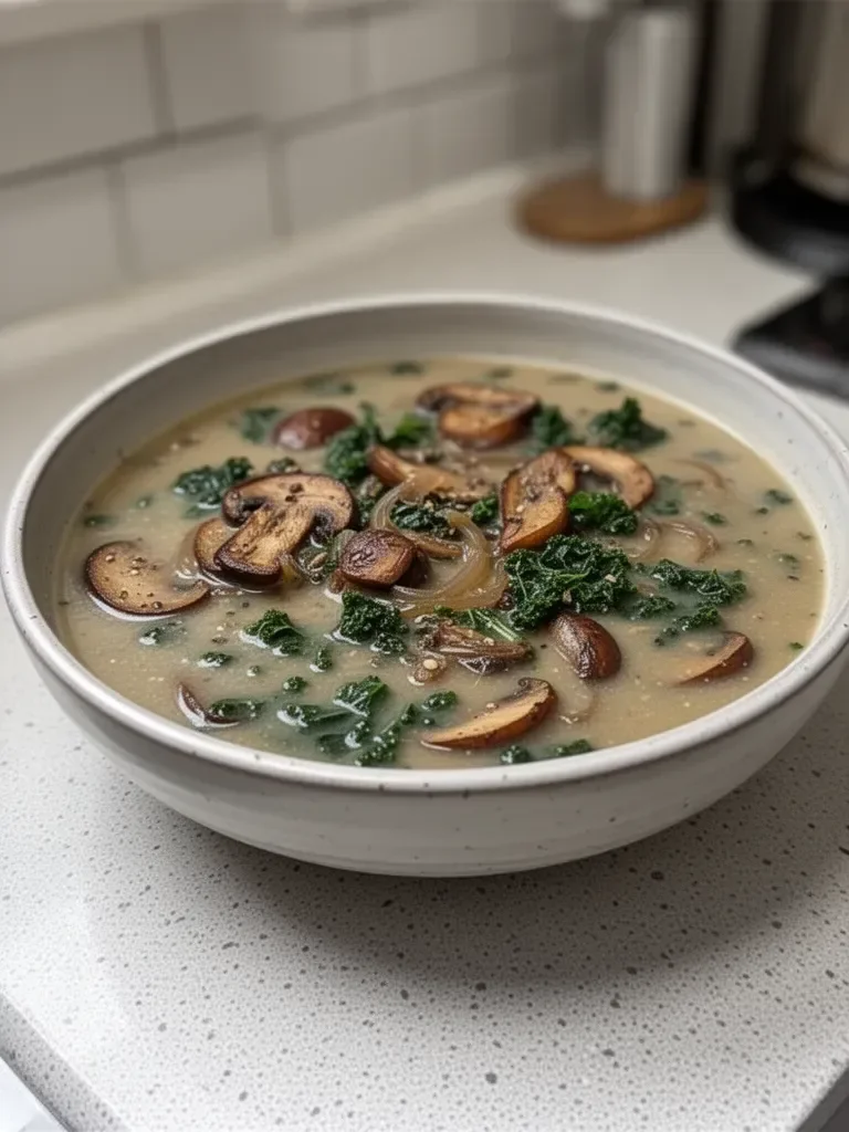 Warming Wild Mushroom, Caramelized Onion, and Kale Soup