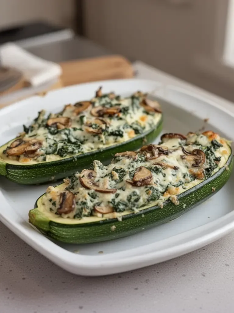 Zucchini Boats Stuffed with Spinach Mushroom Ricotta
