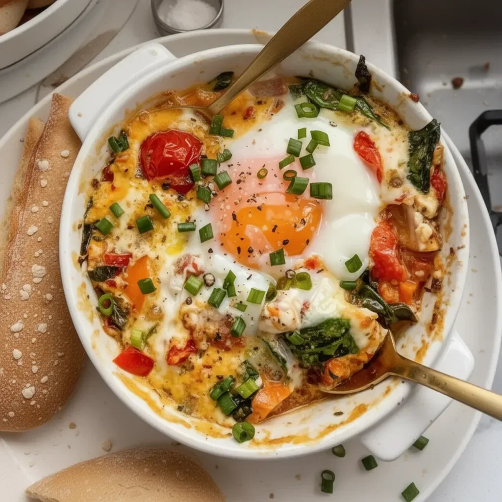 Baked feta eggs with tomatoes and spinach served in a bowl