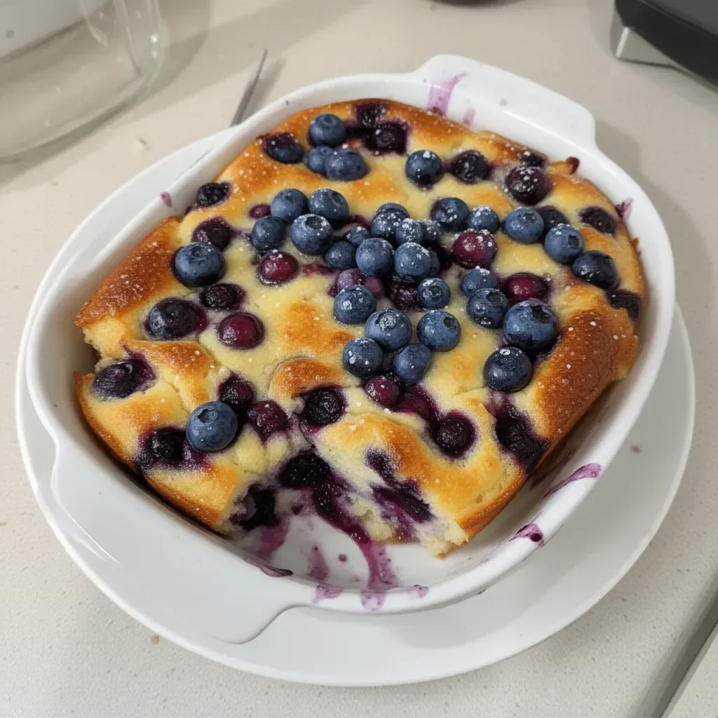 Blueberry Buttermilk Pancake Casserole baked in a dish with fresh blueberries on top.