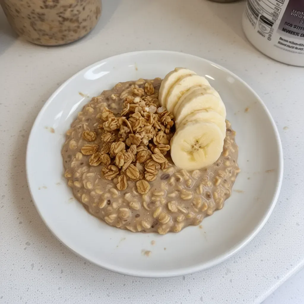 Bowl of brown sugar overnight oats topped with fruits and nuts