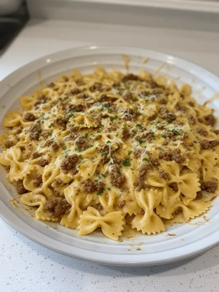 Cajun Cream Cheese Alfredo Bowties with Spiced Ground Beef
