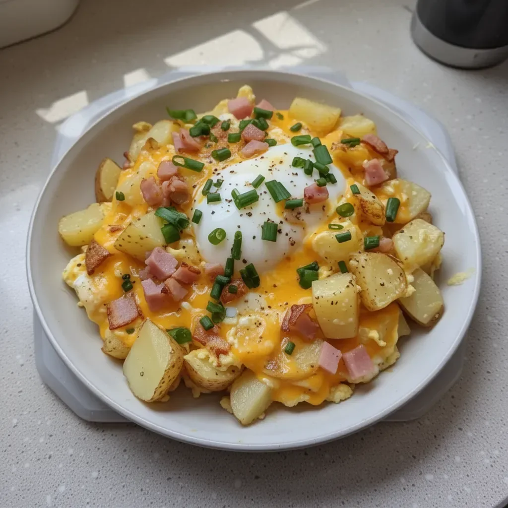 Cheesy potato egg scramble served in a rustic bowl, garnished with herbs.