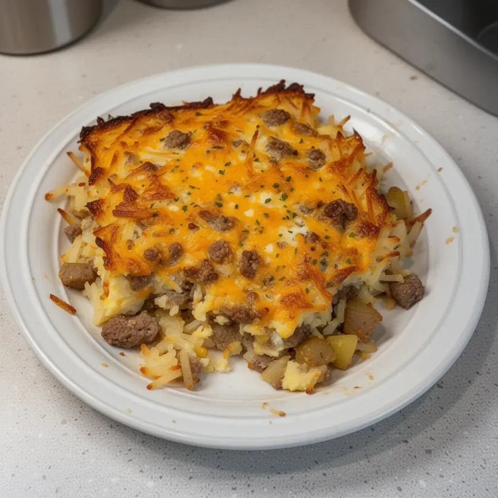 Delicious Classic Breakfast Hashbrown Casserole served in a baking dish