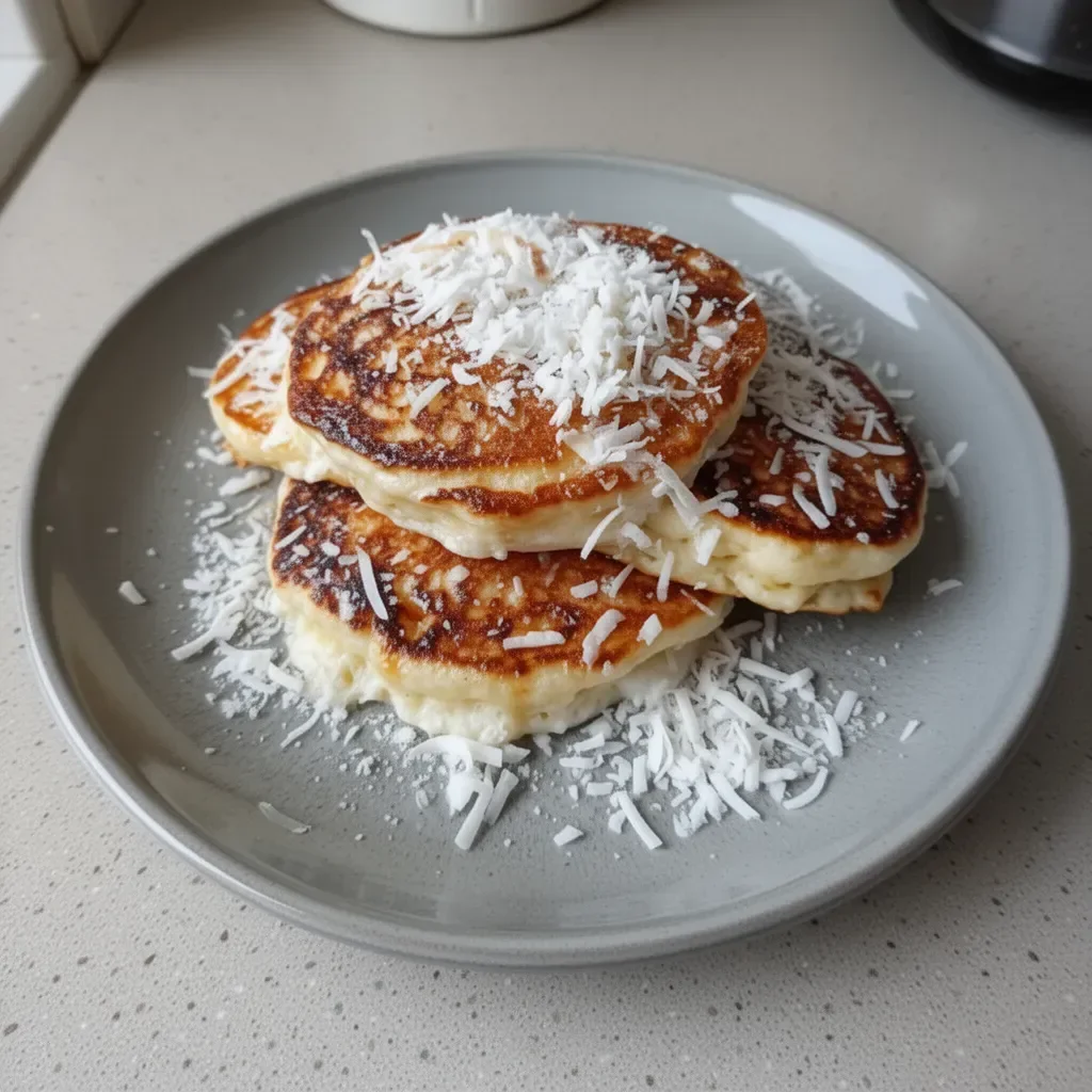 Fluffy Coconut Cream Pancakes garnished with coconut flakes and syrup