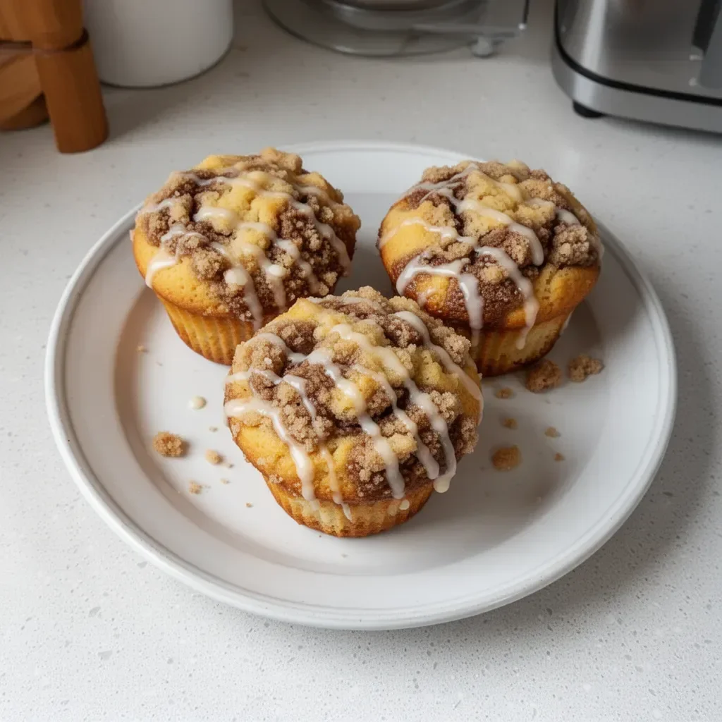 Delicious coffee cake muffins with a crumbly topping and coffee in the background