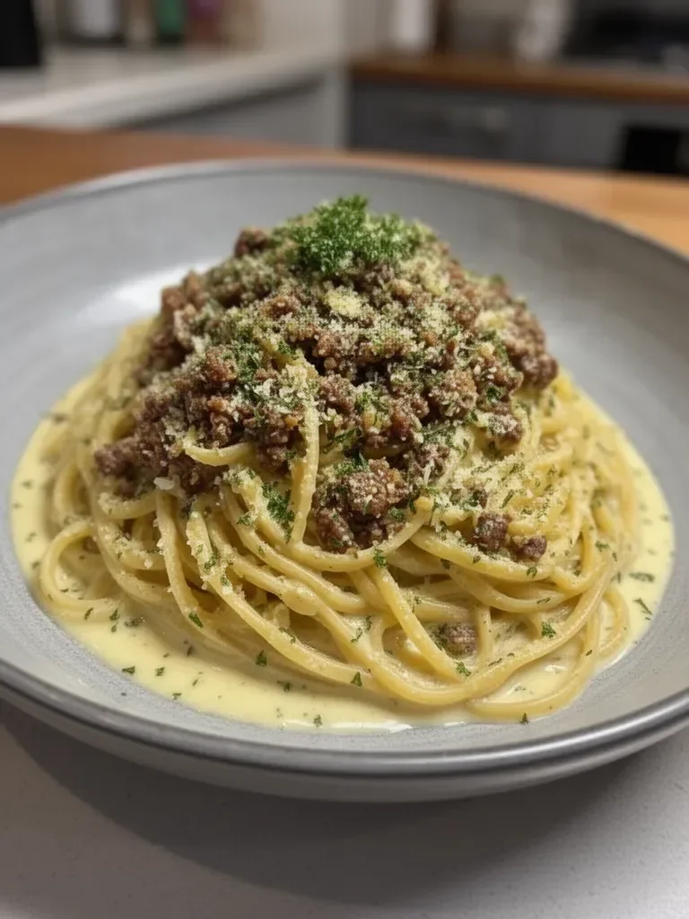 Creamy Parmesan Beef Linguine with Garlic Butter Sauce