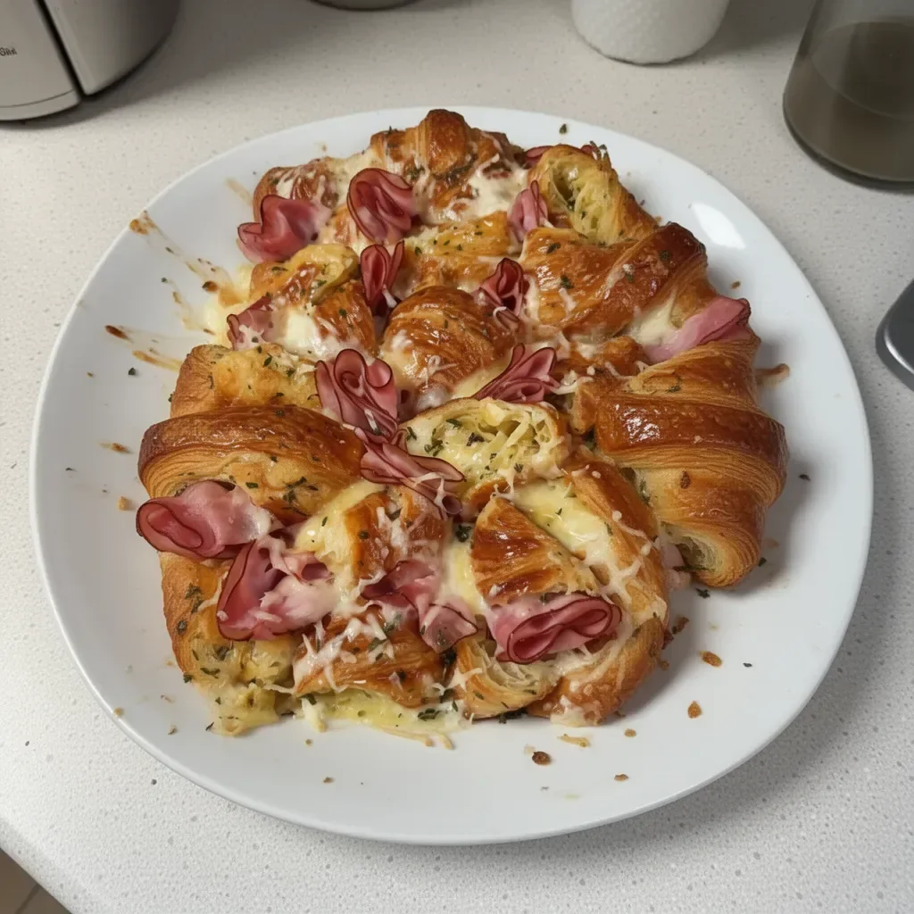 A golden croissant bake fresh out of the oven, topped with chocolate and fruit.