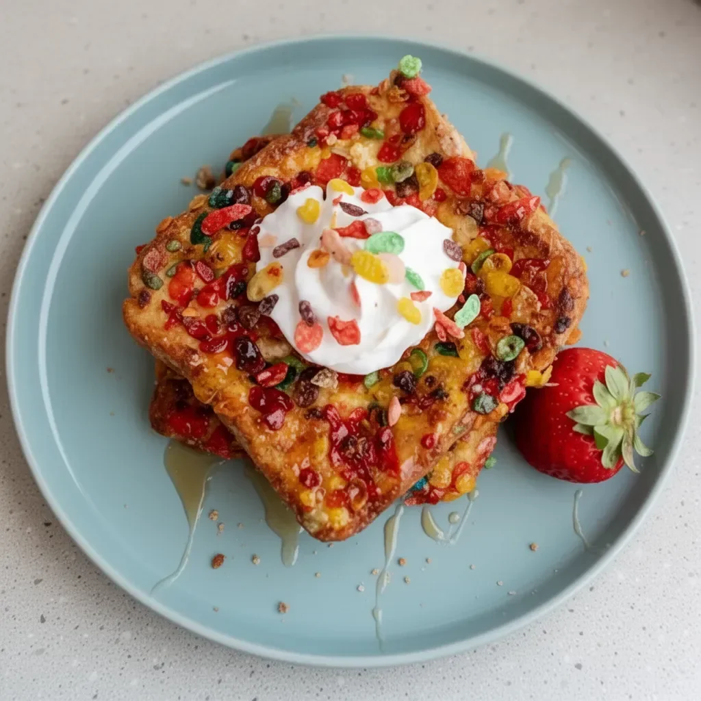 Crunchy French toast topped with syrup and berries on a plate.