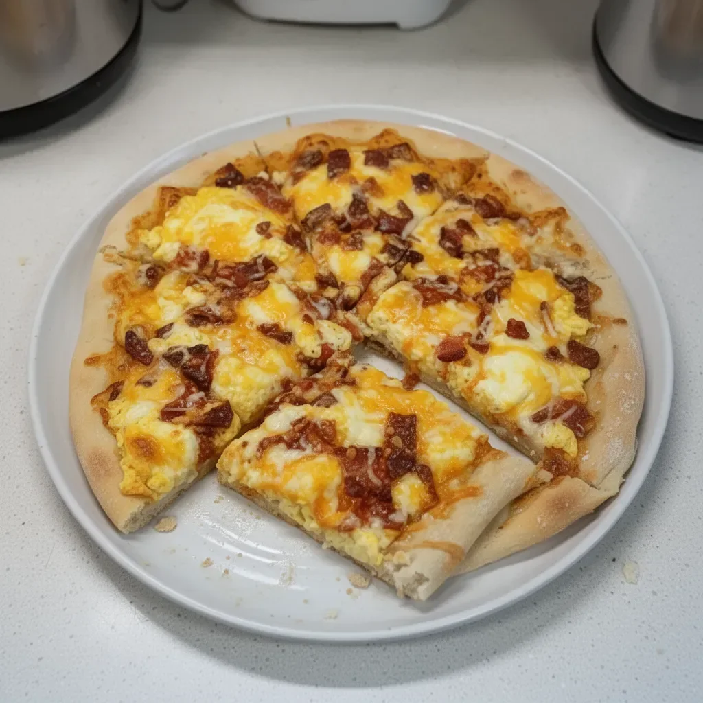 Delicious easy breakfast pizza topped with eggs, cheese, and vegetables