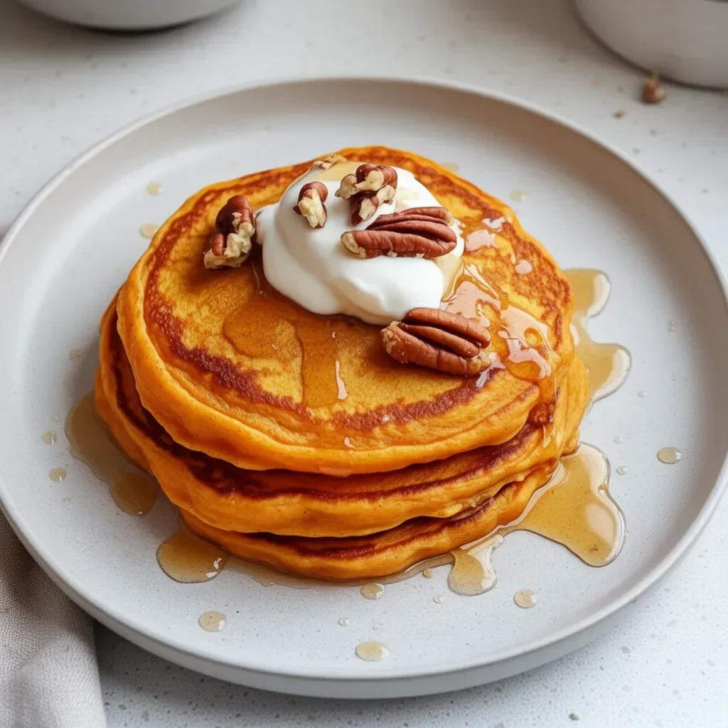 Plate of fluffy sweet potato pancakes topped with syrup and nuts