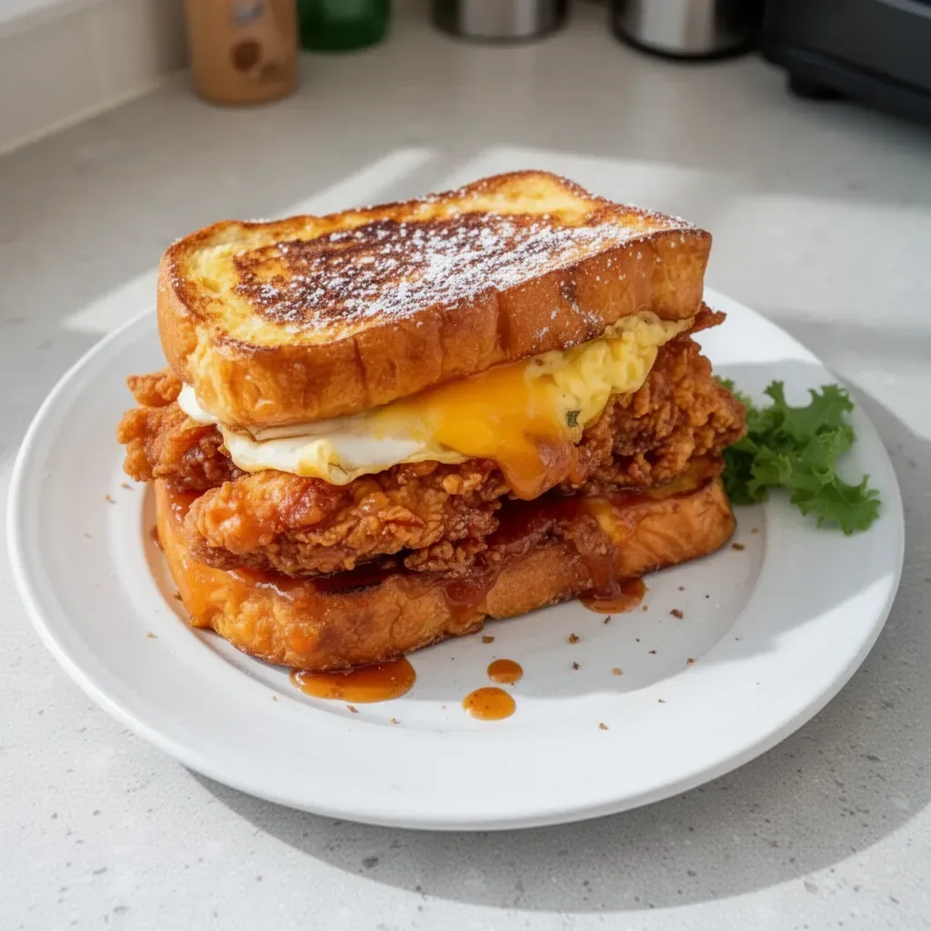 French toast fried chicken sandwich with syrup and toppings on a plate