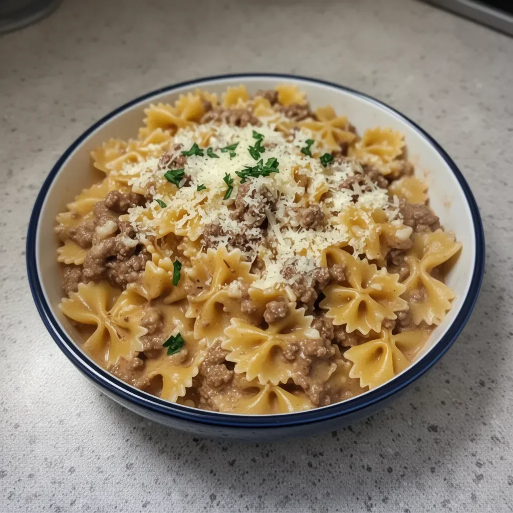 Garlic Parmesan Bowtie Pasta with Creamy Beef Recipe