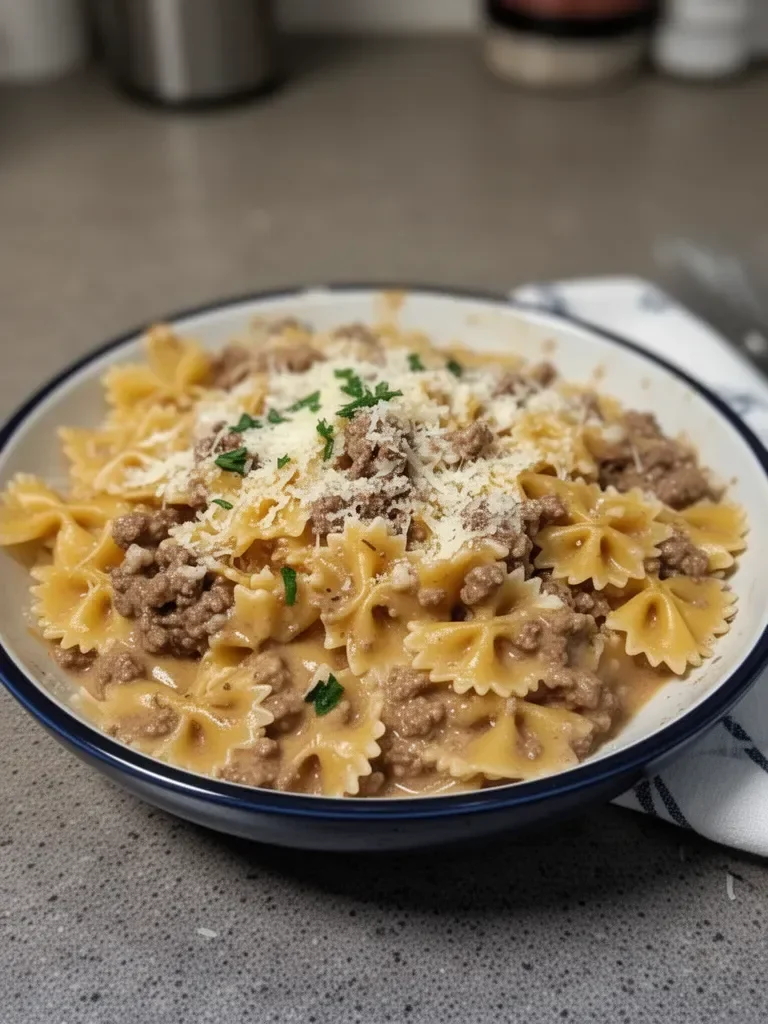 Garlic Parmesan Bowtie Pasta with Creamy Beef Recipe