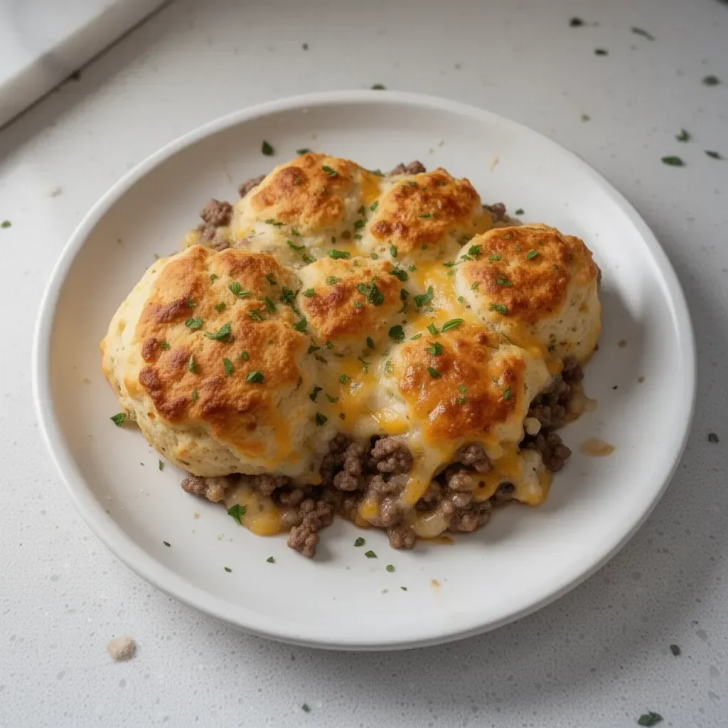 Ground beef and biscuit bake served in a casserole dish, garnished with herbs.