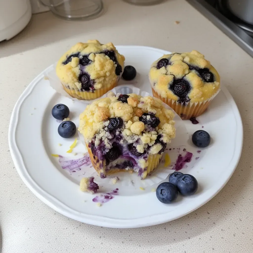 Freshly baked lemon blueberry muffins on a wooden table