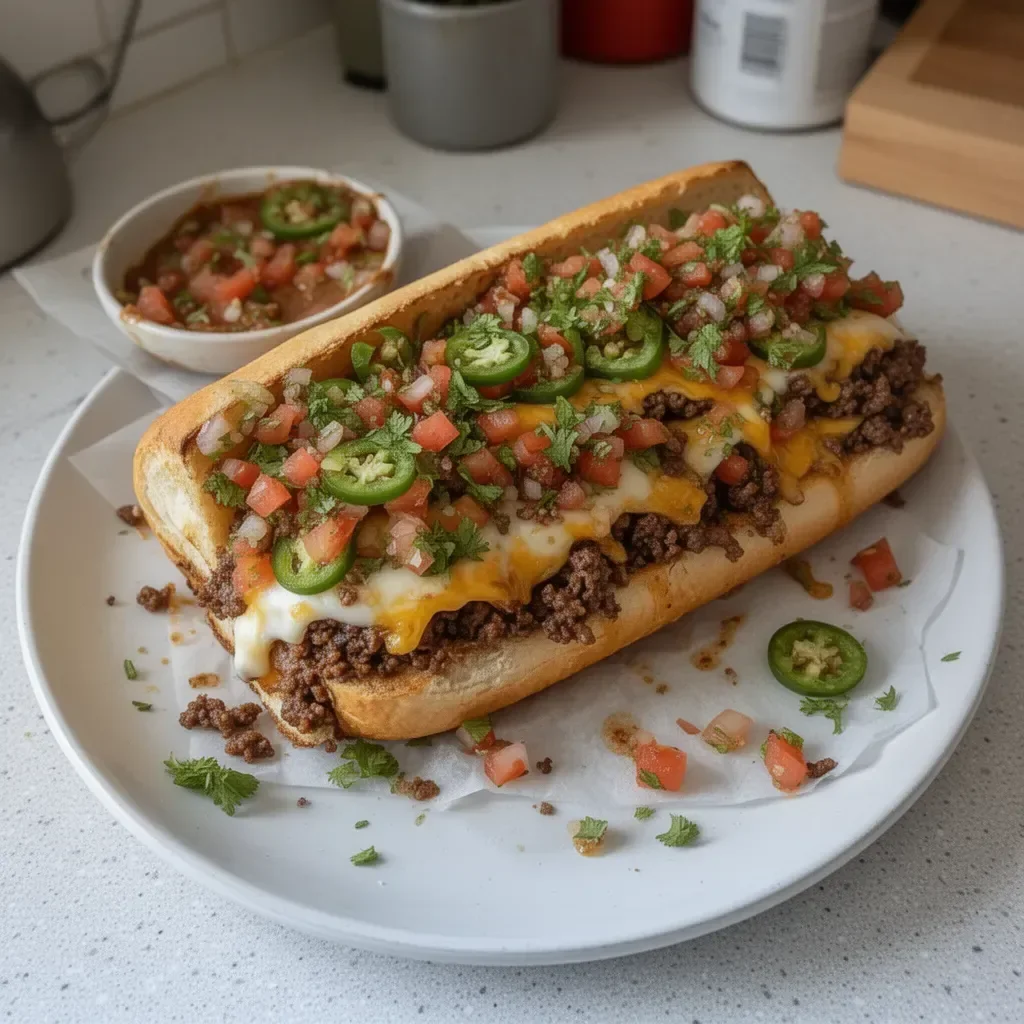 Delicious Mexican Chopped Cheese Sandwich with fresh ingredients and spices.