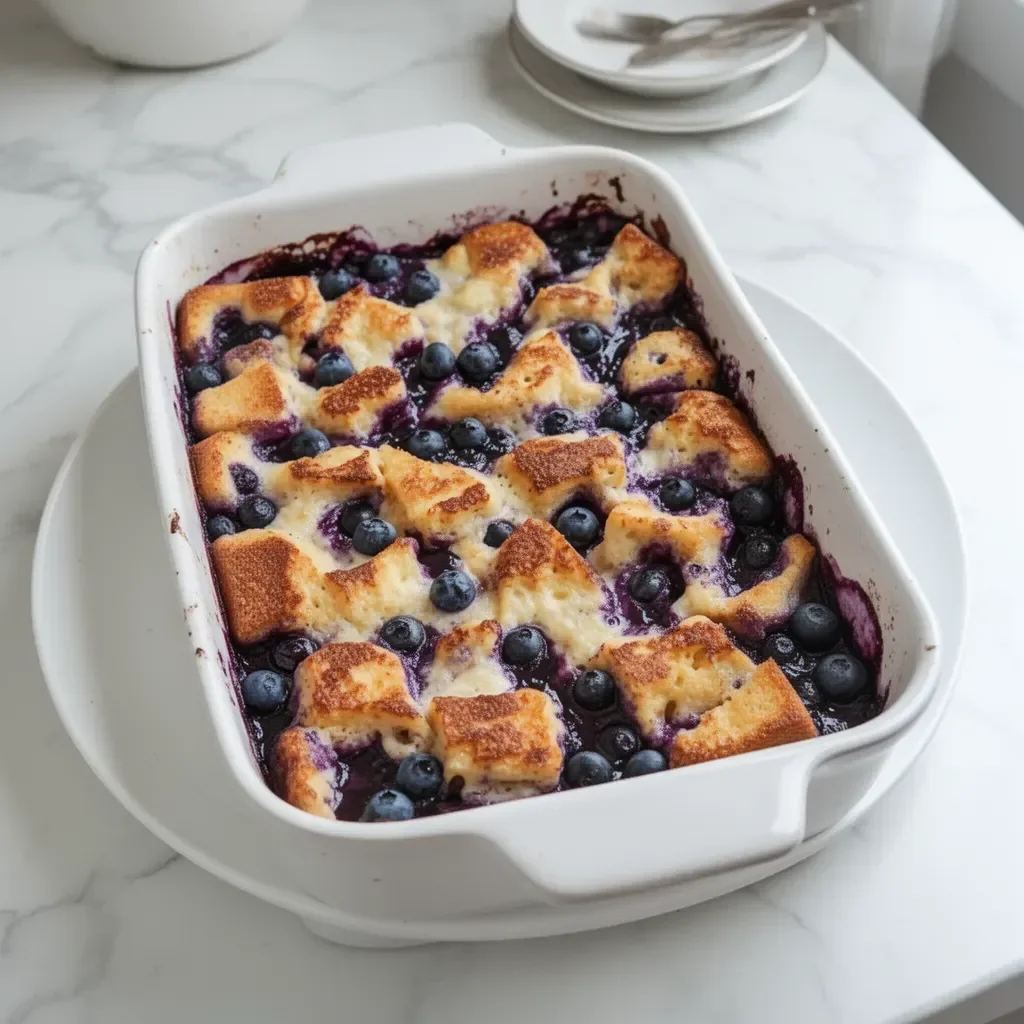 Quick Blueberry French Toast Casserole topped with fresh blueberries and syrup