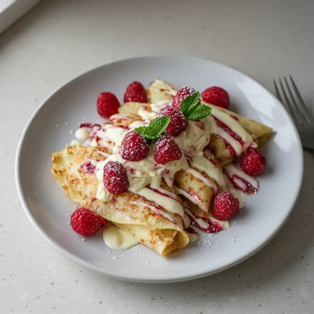 Delicious Raspberry Vanilla Cream Crepes topped with fresh raspberries and cream