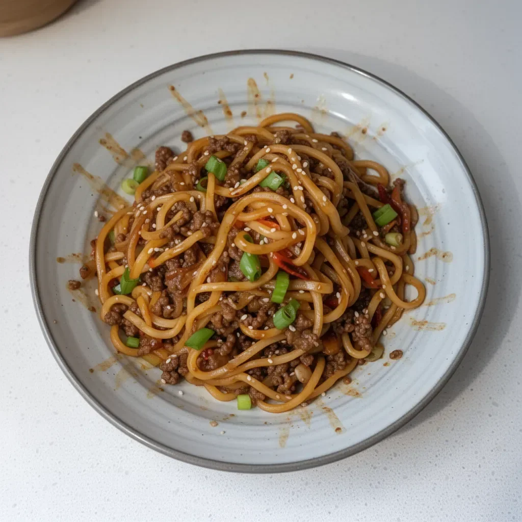 Delicious plate of savory ground beef Mongolian noodles garnished with herbs