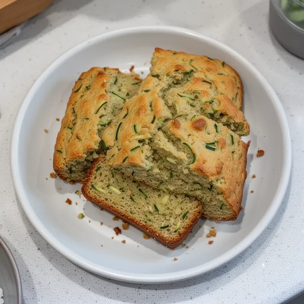 Slice of savory zucchini quick bread on a wooden board with herbs