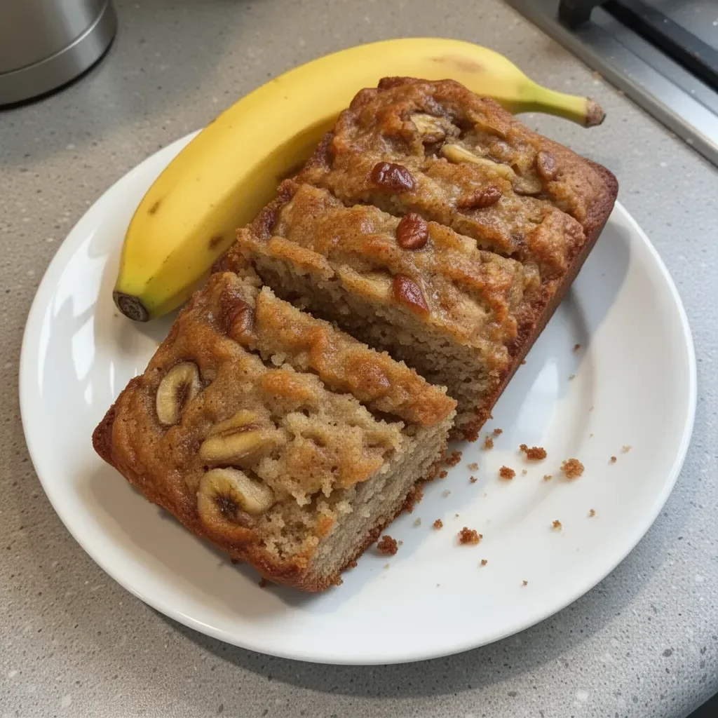 Delicious homemade banana bread loaf on a wooden cutting board